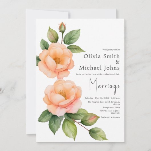 Peach wild Rose Wasserfarbene Hochzeit Einladung (Vorderseite)