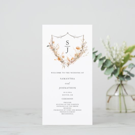 Peach Wildblume Floral Wedding Program (Stehend Vorderseite)
