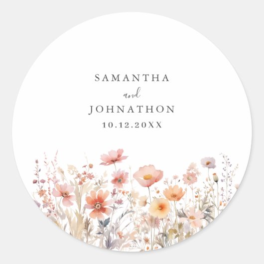 Peach Wildblume Floral Wedding Runder Aufkleber (Vorderseite)