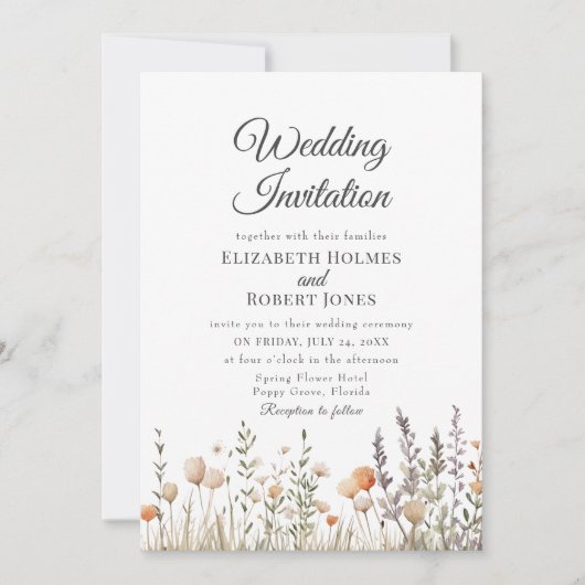 Peach Wildblume Meadow Wedding Einladung (Vorderseite)