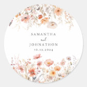 Peach Wildblume Wasserfarbenhochzeit Runder Aufkleber (Vorderseite)