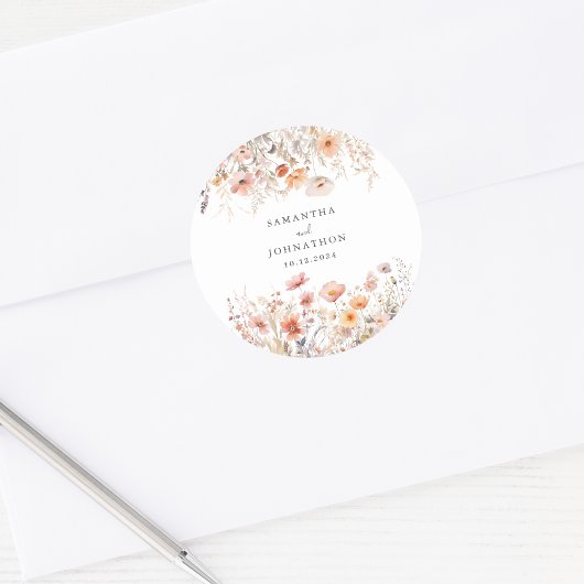 Peach Wildblume Wasserfarbenhochzeit Runder Aufkleber