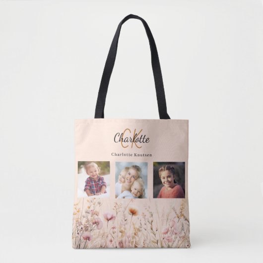 Peach-Wildblumen Foto Collage Monogramm Tasche (Vorderseite)