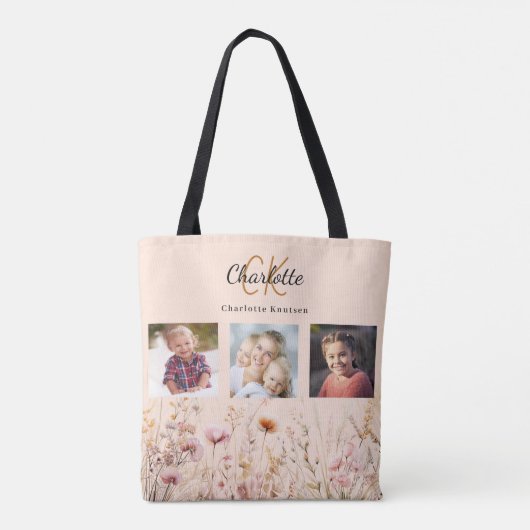 Peach-Wildblumen Foto Collage Monogramm Tasche (Rückseite)