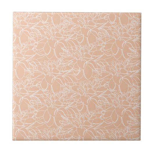 Peach with White Floral Line Art Keramik Tile Fliese (Vorderseite)