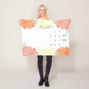 Peach Yellow Orange Peonies Floral Baby Milestone Fleecedecke
