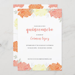 Peach Yellow & Orange Peonies Quinceanera Party Einladung