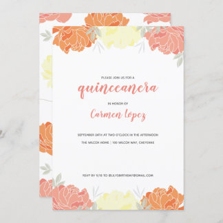 Peach Yellow & Orange Peonies Quinceanera Party Einladung