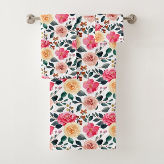 Peach Yellow Pink Greenery Girly Floral Pattern Badhandtuch Set (Insitu)