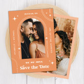 Peachy Apricot Boho Arch Retro Script 2 Foto 70er Save The Date