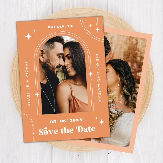Peachy Apricot Boho Arch Retro Script 2 Foto 70er Save The Date