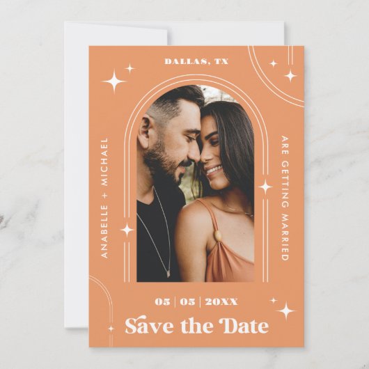 Peachy Apricot Boho Arch Retro Script 2 Foto 70er Save The Date (Vorderseite)