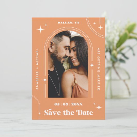 Peachy Apricot Boho Arch Retro Script 2 Foto 70er Save The Date (Stehend Vorderseite)