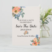 Peachy Blue Watercolor Blumengeburt Save The Date (Stehend Vorderseite)