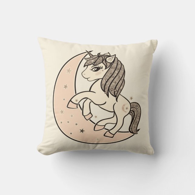 Peachy Blush Pink Celestial Moon & Stars Einhorn Kissen (Vorderseite)