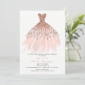 Peachy Blush Pink Glitzer Glam Dress Brautparty Einladung (Stehend Vorderseite)