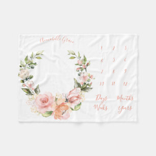 Peachy Coral Rose Wreath Monthly Baby Milestone Fleecedecke
