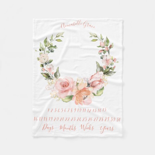 Peachy Coral Rose Wreath Monthly Baby Milestone Fleecedecke (Vorderseite)