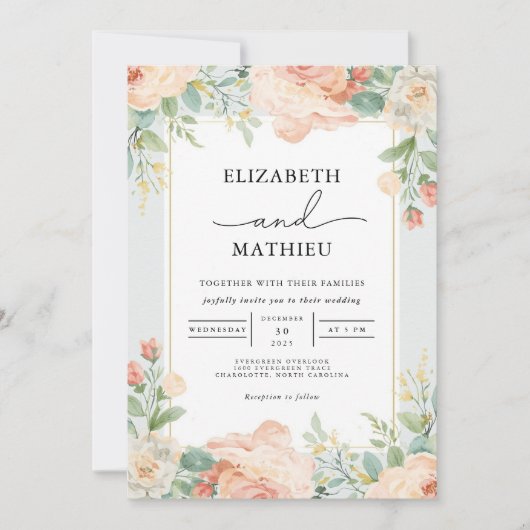 Peachy Floral Blüh Wedding Einladung (Vorderseite)