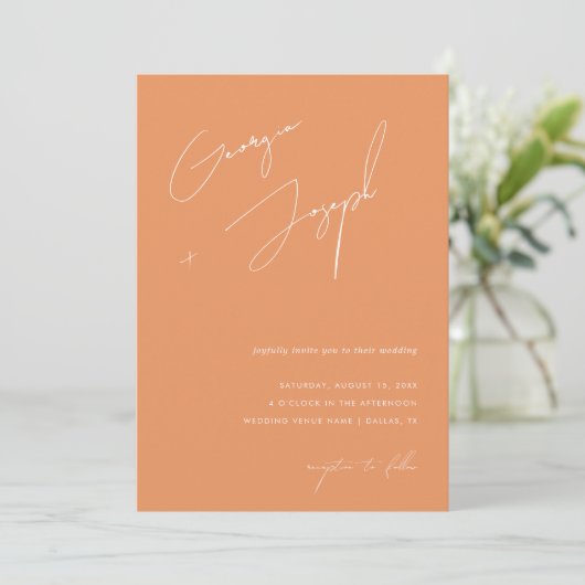 Peachy Orange | Script Foto QR Code Wedding Einladung (Stehend Vorderseite)