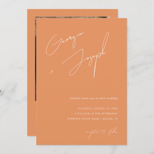 Peachy Orange | Script Foto QR Code Wedding Einladung (Vorne/Hinten)