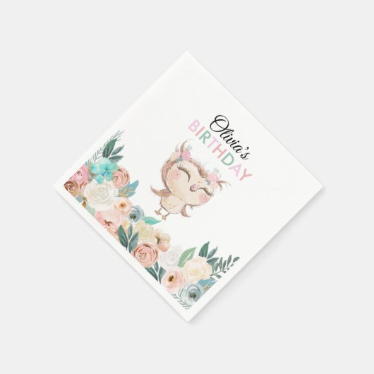 Peachy Owl Birthday Napkins Serviette (Ecke)