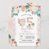 Peachy Owl Fünfte Geburtstagseinladung Einladung (Vorne/Hinten)
