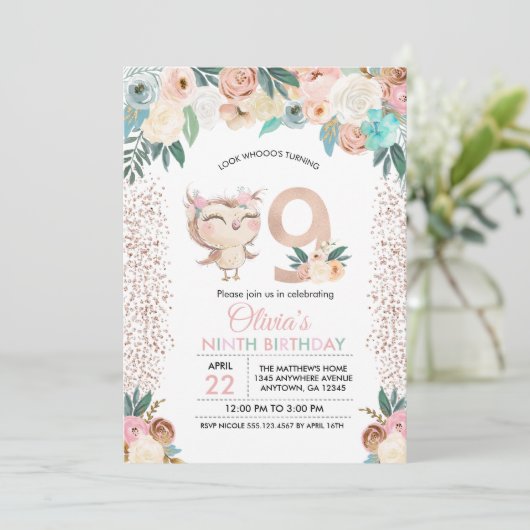 Peachy Owl Neunten Geburtstag Einladung (Stehend Vorderseite)