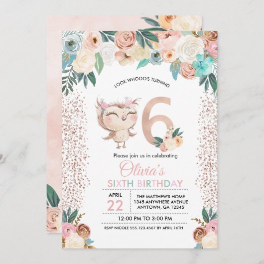 Peachy Owl Sechster Geburtstag Einladung (Vorne/Hinten)
