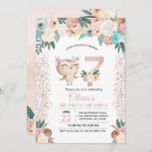 Peachy Owl Siebter Geburtstag Einladung (Vorne/Hinten)
