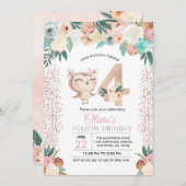 Peachy Owl Vierte Geburtstagseinladung Einladung (Vorne/Hinten)