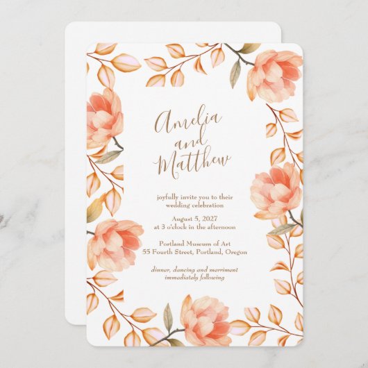 Peachy Peonies Wedding Einladung (Vorne/Hinten)