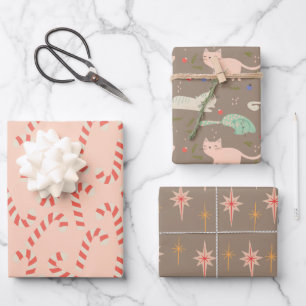 Peachy Pink Christmas Candy Canes Meowy Geschenkpapier Set