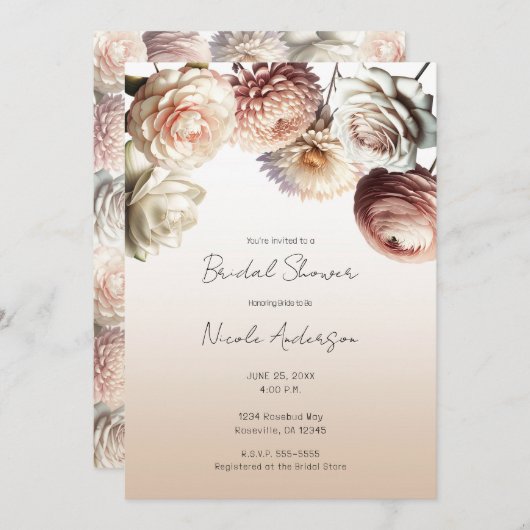 Peachy Pink Creamy White Blume Floral Bridal Einladung (Vorne/Hinten)