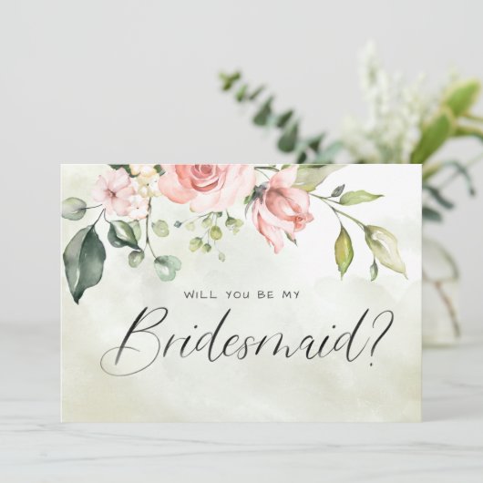 Peachy Pink Floral Aquarell Script Bridesmaid Einladung (Stehend Vorderseite)