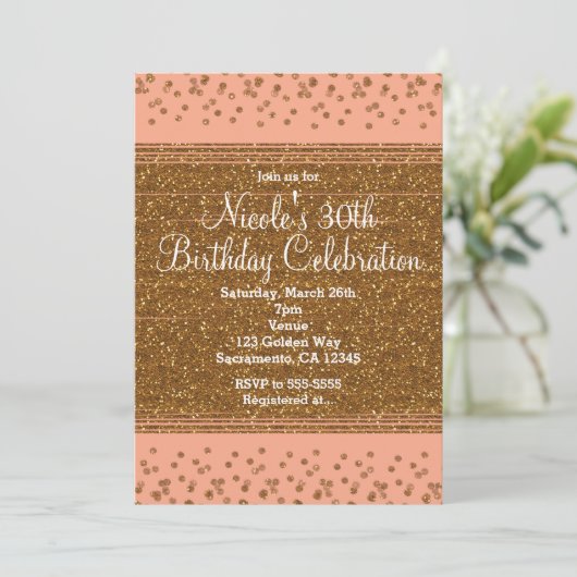 Peachy Pink & Gold Confetti Dots Party Einladungen (Stehend Vorderseite)