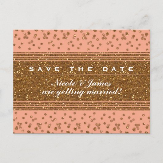 Peachy Pink & Gold Confetti Save the Date Postkart Ankündigungspostkarte (Vorderseite)