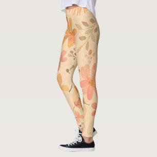 Peachy-Pink Golden Floral Muster Leggings