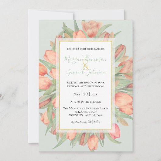 Peachy Pink & Mint Spring Tulips Hochzeit Einladung (Vorderseite)