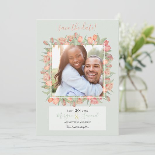 Peachy Pink & Mint Spring Tulips Save the Date (Stehend Vorderseite)