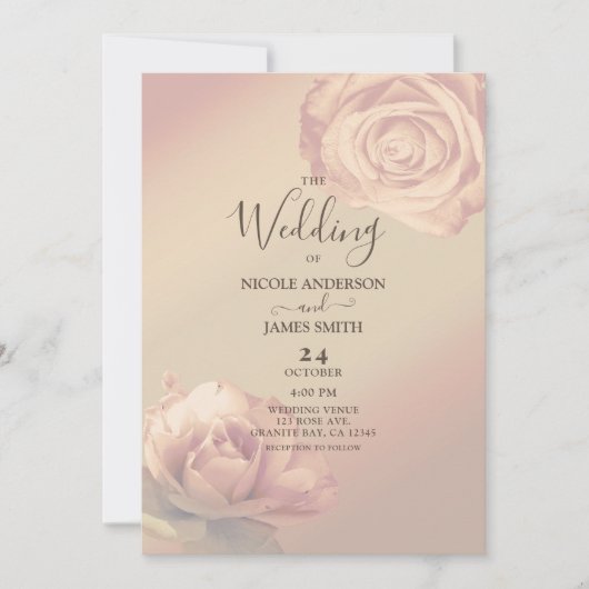 Peachy Pink Roses Elegante Blumenhochzeit Einladung (Vorderseite)