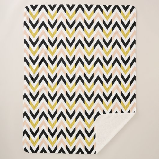 Peachy Pink, Schwarz, Gold und Weiß Zickzack Muste Sherpadecke (Vorderseite)