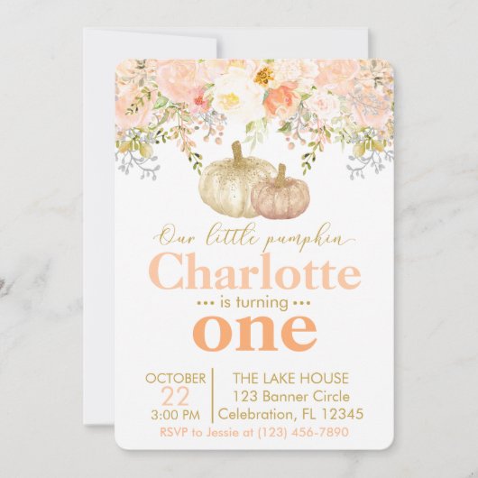 Peachy Pumpkin Girls Fall Birthday Invitation Einladung (Vorderseite)