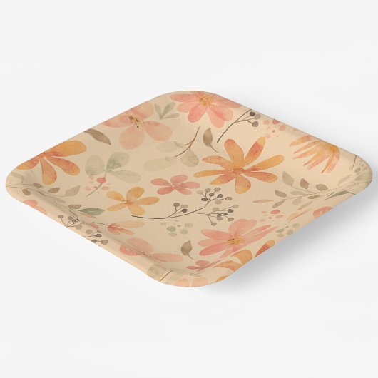 Peachy - rosa goldfarbene Blumenmuster Pappteller (Gewinkelt)