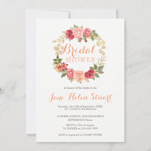 Peachy-Rosa-Rose zerstören schicken Brautparty Einladung (Vorderseite)