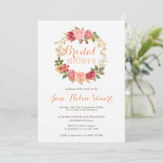 Peachy-Rosa-Rose zerstören schicken Brautparty Einladung (Stehend Vorderseite)