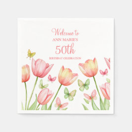 Peachy Watercolor Tulips Floral  Serviette