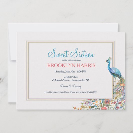 Peacock 16 . Geburtstag Birthday Party Einladung (Vorderseite)