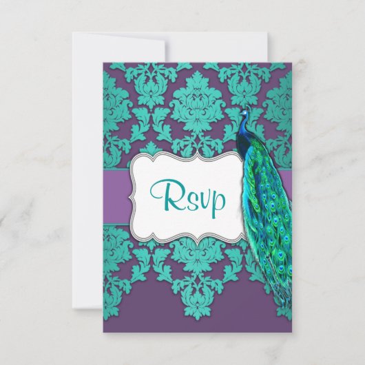 Peacock Aqua & Lila Damask Hochzeitskarten RSVP Karte (Vorderseite)