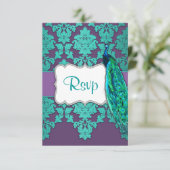Peacock Aqua & Lila Damask Hochzeitskarten RSVP Karte (Stehend Vorderseite)